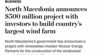 „Вашингтон пост“ објави за изградбата на најголемата ветроелектрана во Македониај од 500 милиони ...